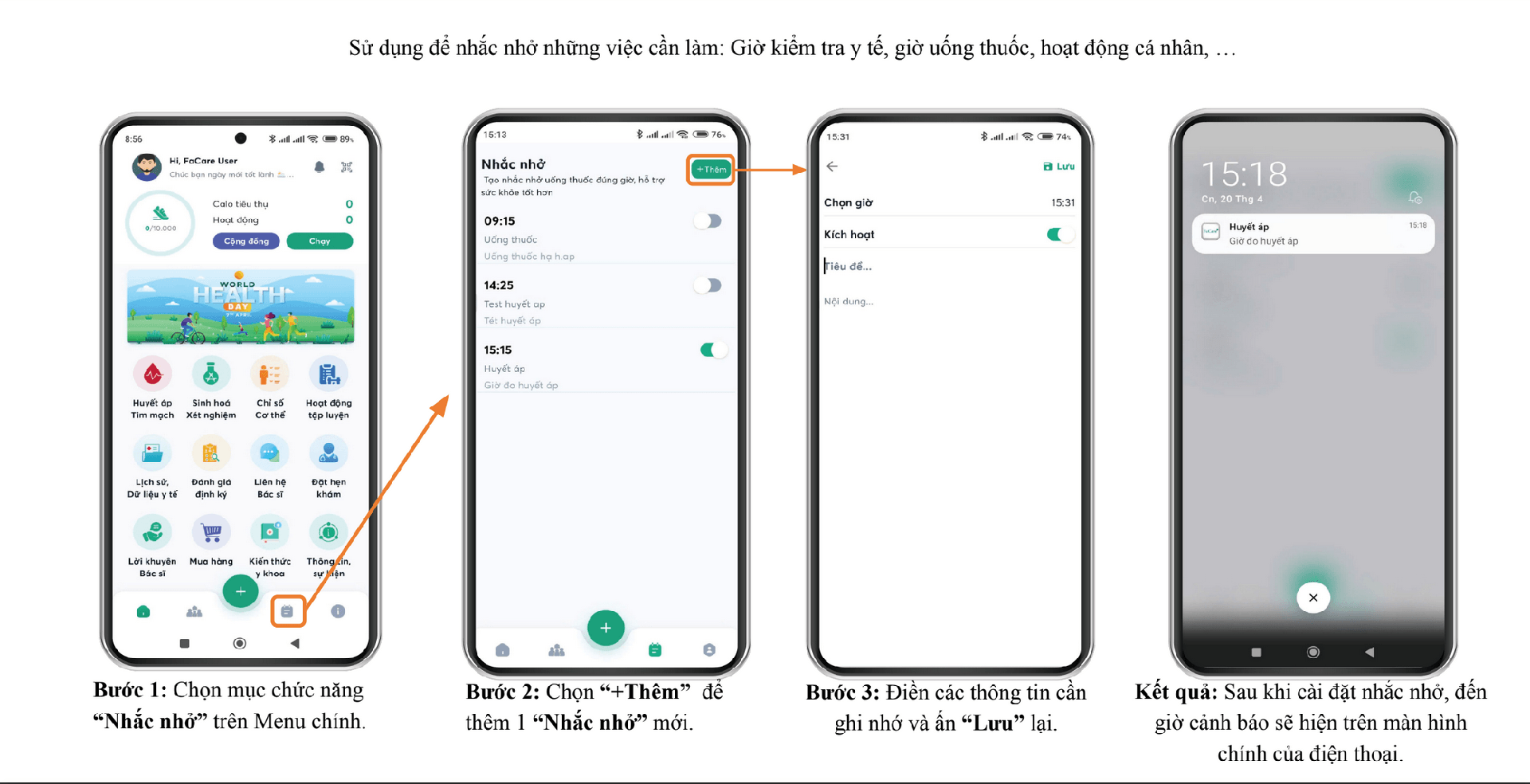 Tính năng nhắc nhở trên app FaCare